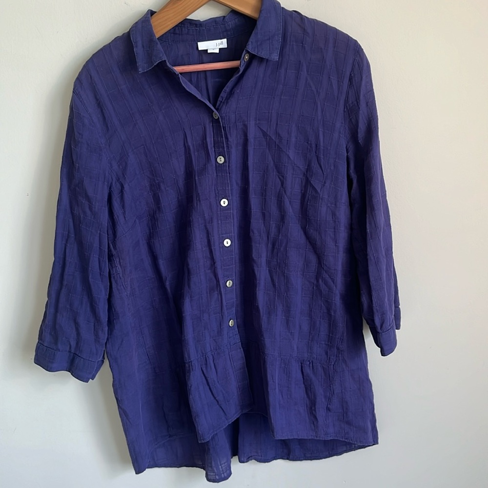 J. Jill Blue Tunic Peplum 3/4 Sleeve Button Up Shirt Size M